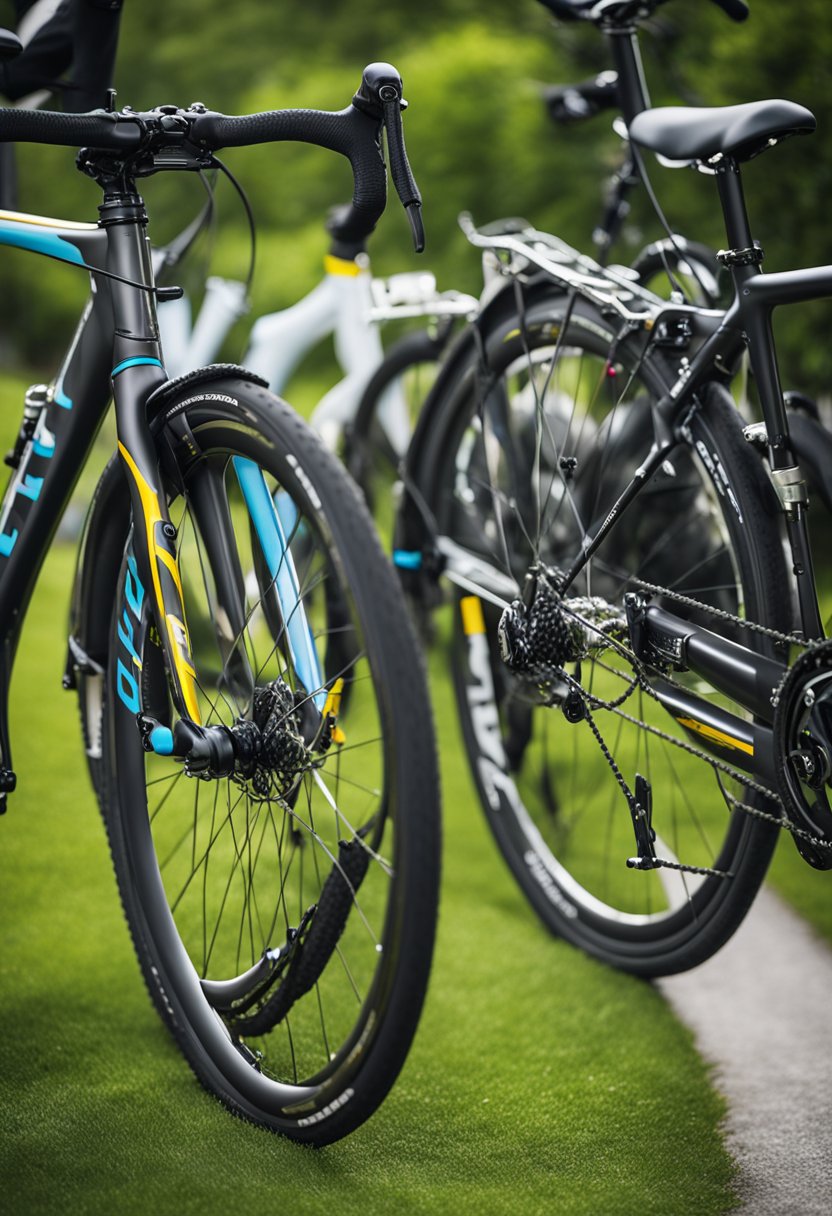 Two bicycles side by side, one equipped with Shimano Claris components and the other with Shimano Altus. Both bikes are on a flat surface with no riders